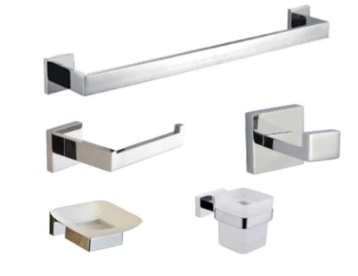 Accesorios De Baño 5 Pzas Modelo Bolzano ( Acabado Cromado ) Cuadrado Ref. Gri.04.03 Marca Bari