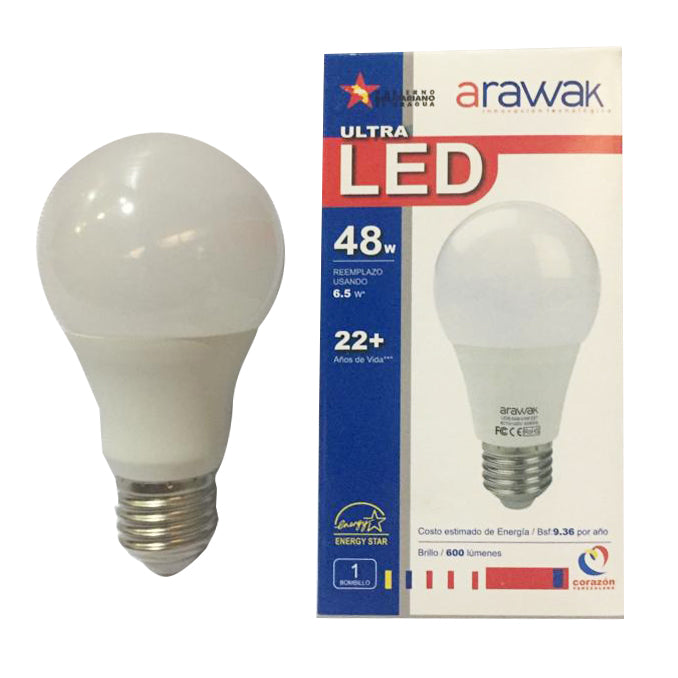 Bombillo Led Tipo Bulbo De 6.5 W 600 Lm 4.000 K (Semi Calida) Ref. Led6.5A60 Cod.124013 Marca Arawak