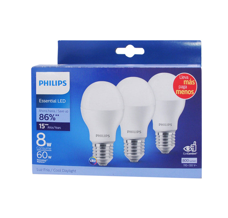 Bombillo Led Tipo Bulbo 3 Pzas 8W E27 130V 6500K 10.000H 750Lm Ref. 9290020463 Marca Philips