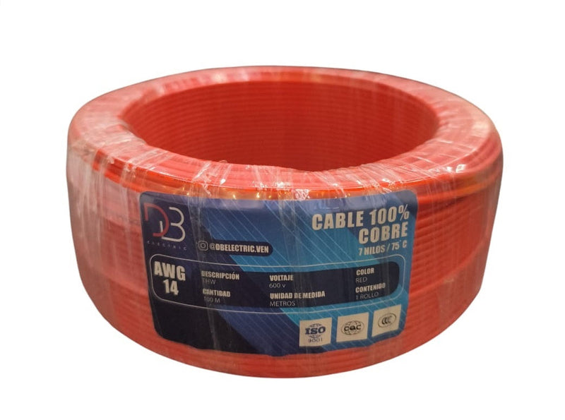 Cable Thw Nro. 14 Awg 75°C 600V / Color Rojo Rollo 100 Mts Marca Db Electric