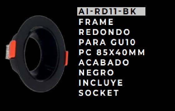Frame Redondo P/ Gu10 Pc 85 X 40 Mm - Hole 76 - Color Negro Ref. Ai-Rd11-Bk Marca Artig Light