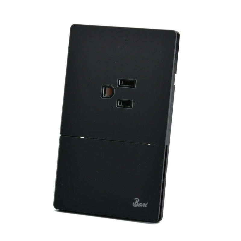 Interruptor + Tomacorriente Con Tierra Serie Spento Color Negro Mate Ref. Int.14.08 Marca Bari