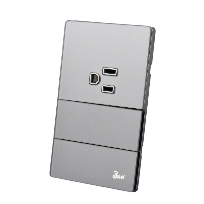 Interruptor Doble + Tomacorriente C/Tierra Serie Cenere Color Gris Mate Ref. Int.15.12 Marca Bari