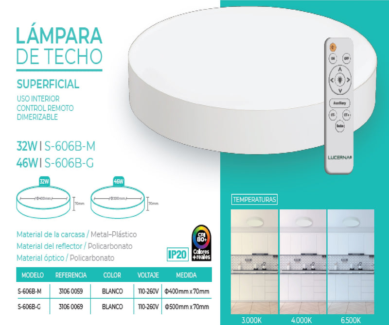 Lampara De Techo Led Style Redonda 46W 50Cm Dimerizable Color Blanco Ref.S-606B-G Marca Lucerna