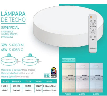 Lampara De Techo Led Miel Style Redonda 46W 50Cm Dimerizable Color Blanco Ref.S-607B-G Marca Lucerna