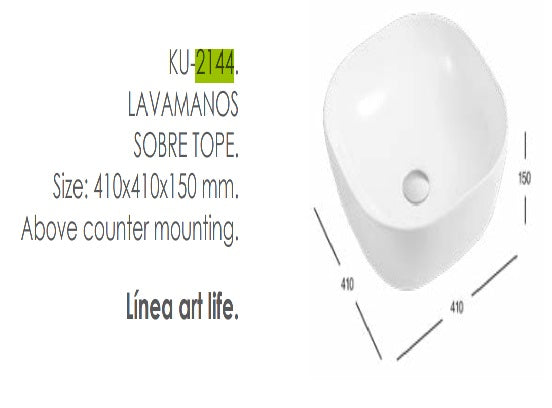Lavamanos Sobre Tope Cuadrado 410 Mm X 410 Mm X 150 Mm Color Blanco Ref. Ku-2144 Marca Kubo