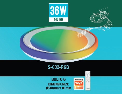Plafon De Techo Rainbow Style 36 W 51 Cm C/Control C/ Corneta Ref. S-632Rgb Marca Lucerna