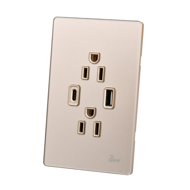 Toma Corriente Doble + Usb + C Serie D´Oro Color Dorado Brillante Ref. Int.12.11 Marca Bari