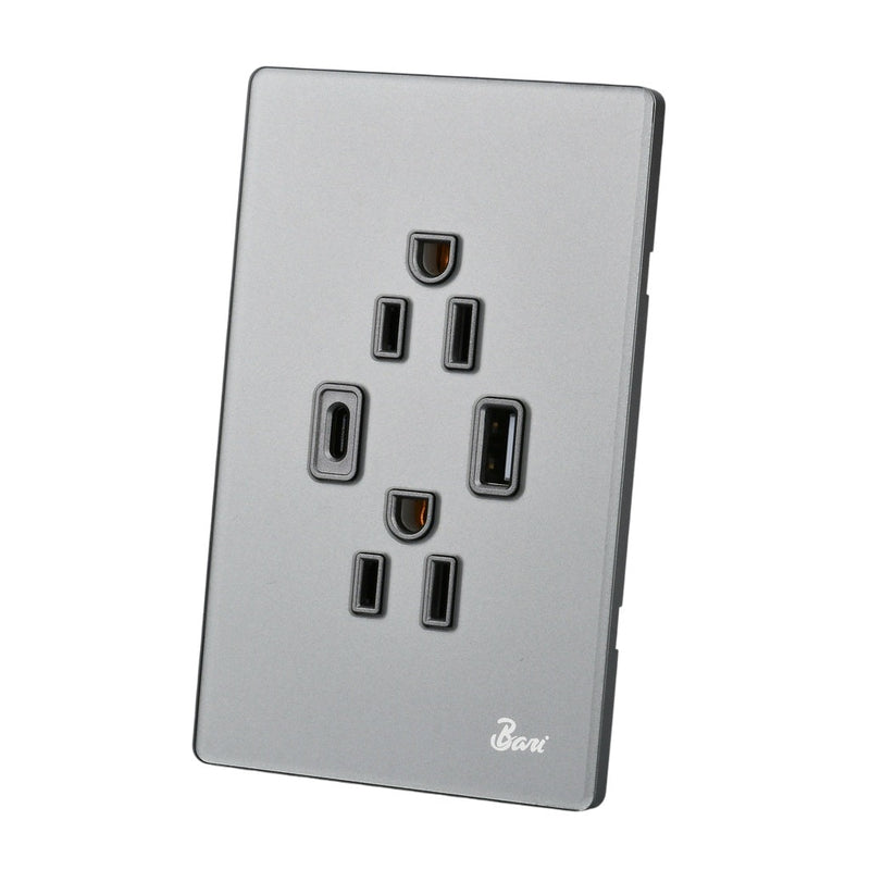 Toma Corriente Doble + Usb + C Serie Grigio Color Gris Brillante Ref. Int.13.11 Marca Bari