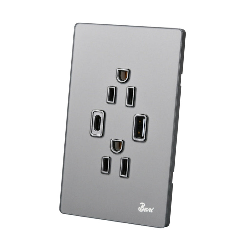 Toma Corriente Doble + Usb + C Serie Cenere Color Gris Mate Ref. Int.15.11 Marca Bari