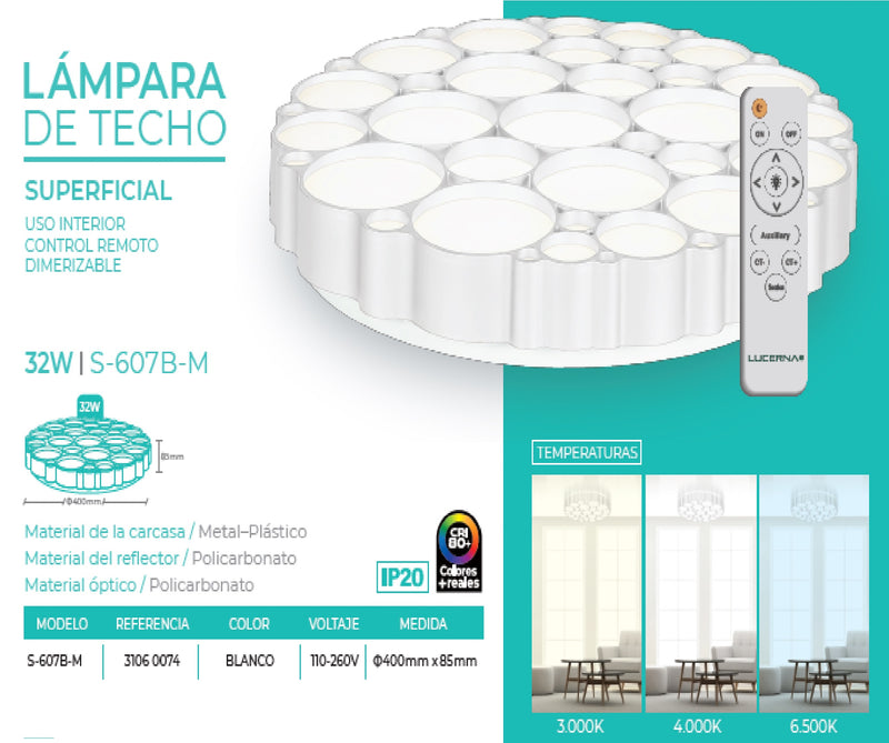 Lampara De Techo Led Style Redonda 32W 40Cm Dimerizable Color Blanco Ref.S-607B-M Marca Lucerna