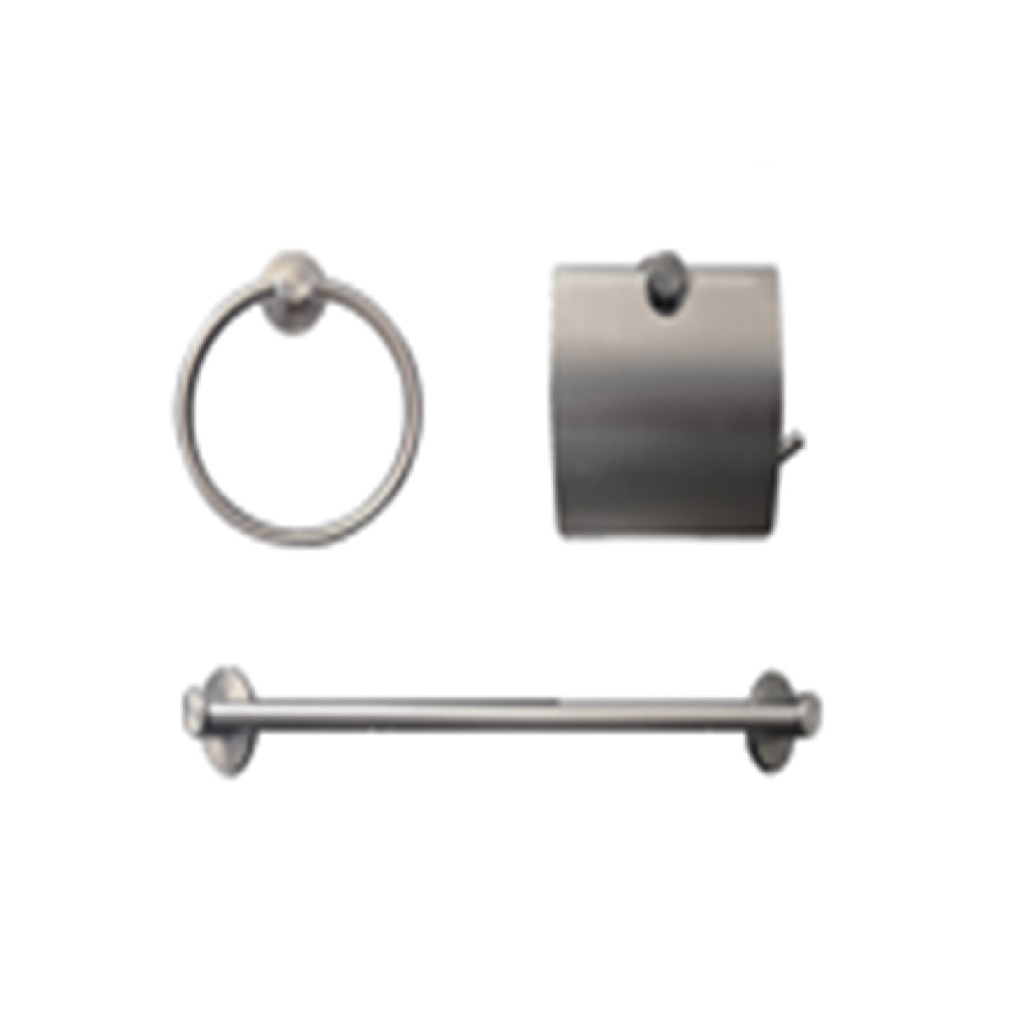 ACCESORIOS DE BAÑO 3 PZAS SERIE RIA COLOR GUN GREY REF. QM-14.100.1504.GR MARCA QUALITY METAL