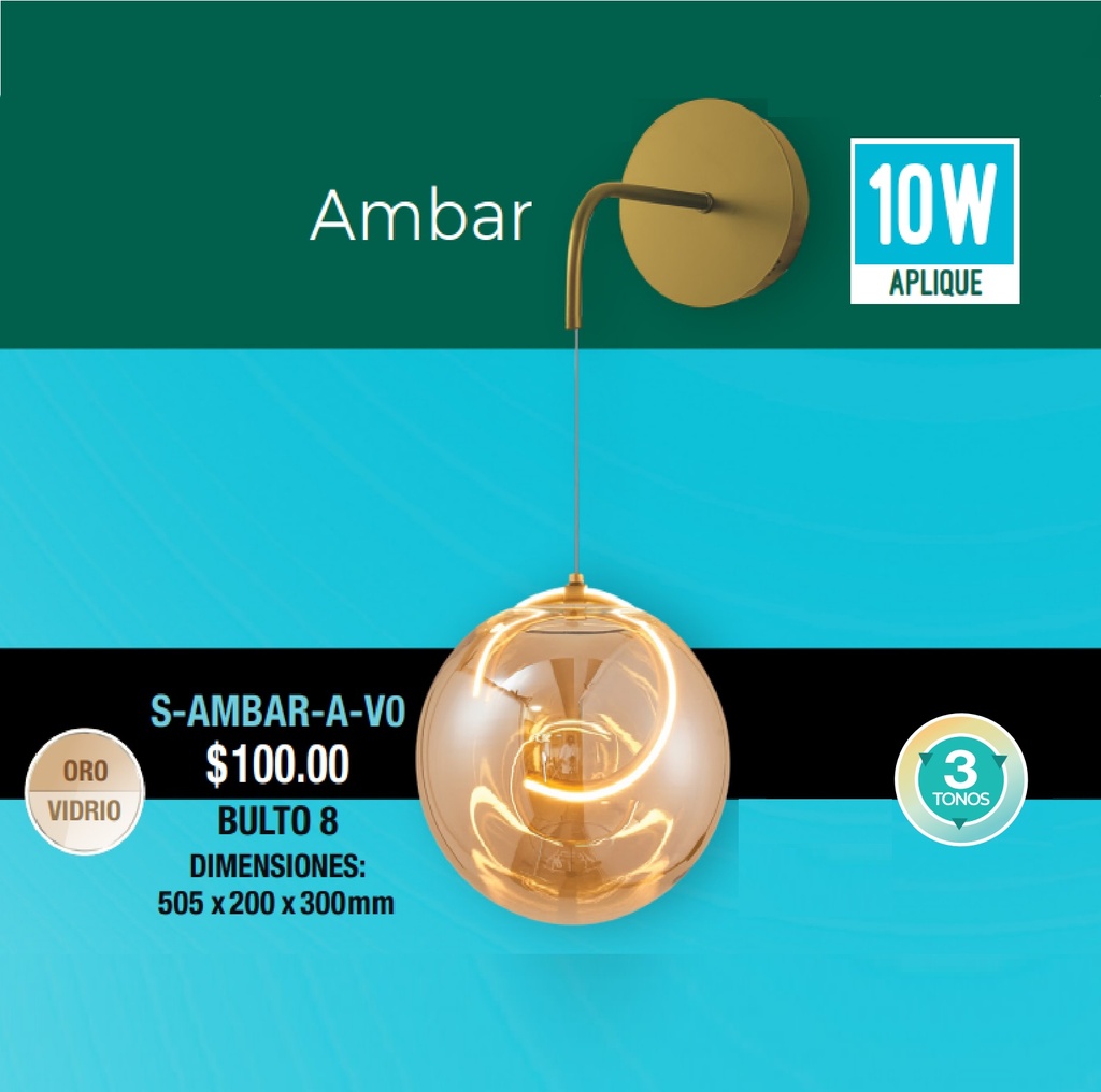 APLIQUE PARED 5 W 110-260V 3 TONOS CONTROL POR INTERRUP. C/ ORO - VIDRIO REF S-AMBAR-A-VO LUCERNA