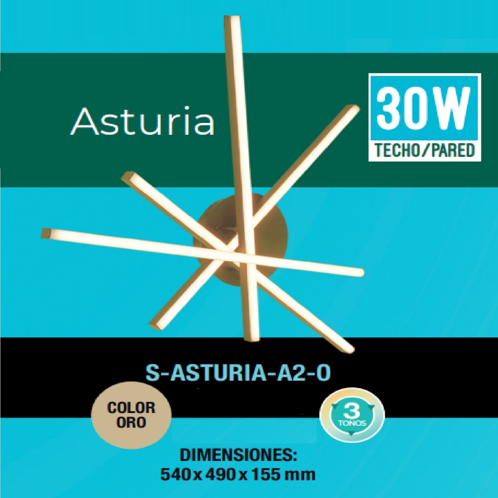 APLIQUE PARED ASTURIA 30W 3 TONOS CCT 110-260V CONTROL POR INTERR. C/ ORO REF S-ASTURIA-A2-O LUCERNA