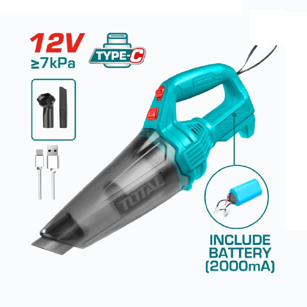 ASPIRADORA INALAMBRICA 0,5 LTS 12V 7 kPa CARGA USB TIPO C (BAT 2000 mA) REF. TVLI2026 TOTAL TOOLS