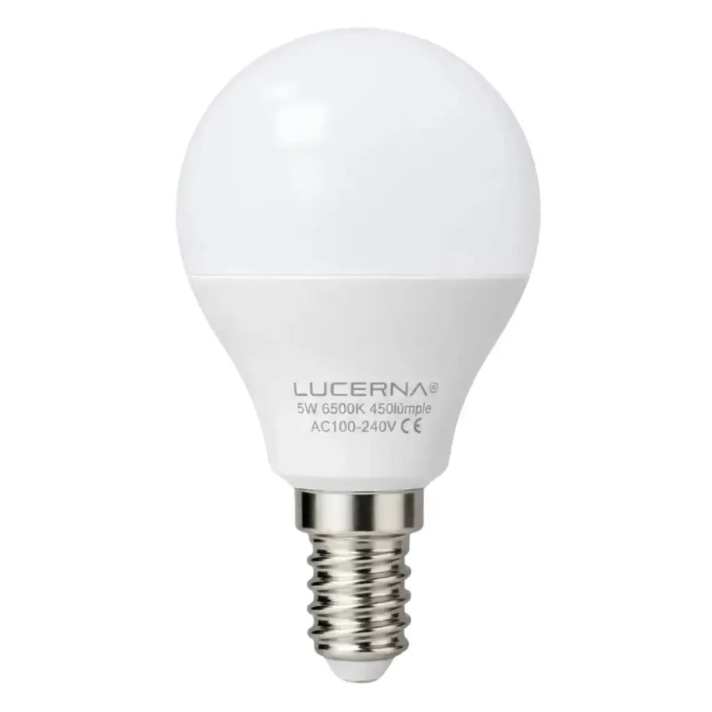 BOMBILLO LED TIPO GLOBO 5 W E14 6500 K P 45 (LUZ FRIA) MULTV 100 - 240 V REF. 5WP456K MARCA LUCERNA
