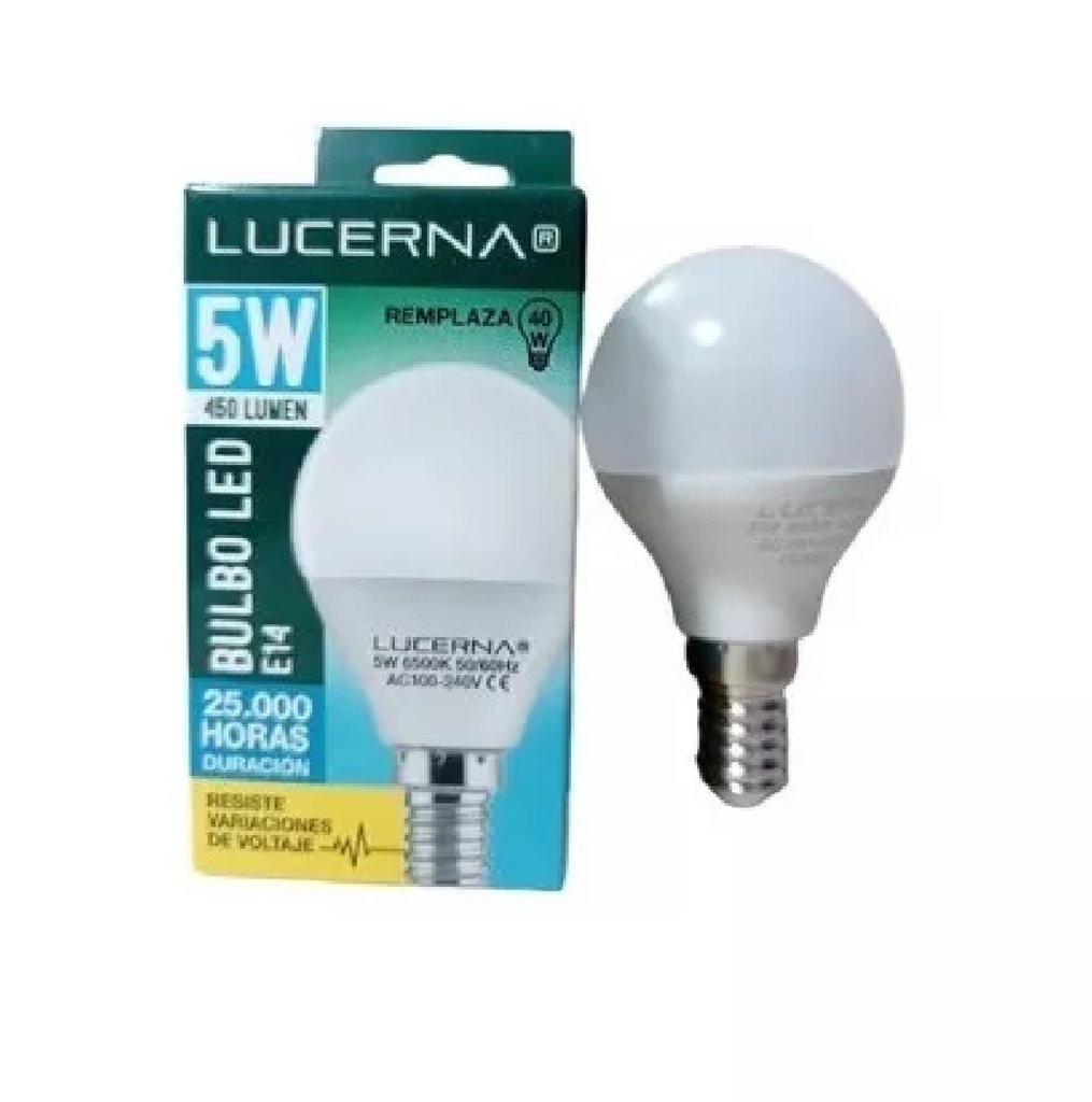 BOMBILLO LED TIPO GLOBO 5 W E14 6500 K P 45 (LUZ FRIA) MULTV 100 - 240 V REF. 5WP456K MARCA LUCERNA