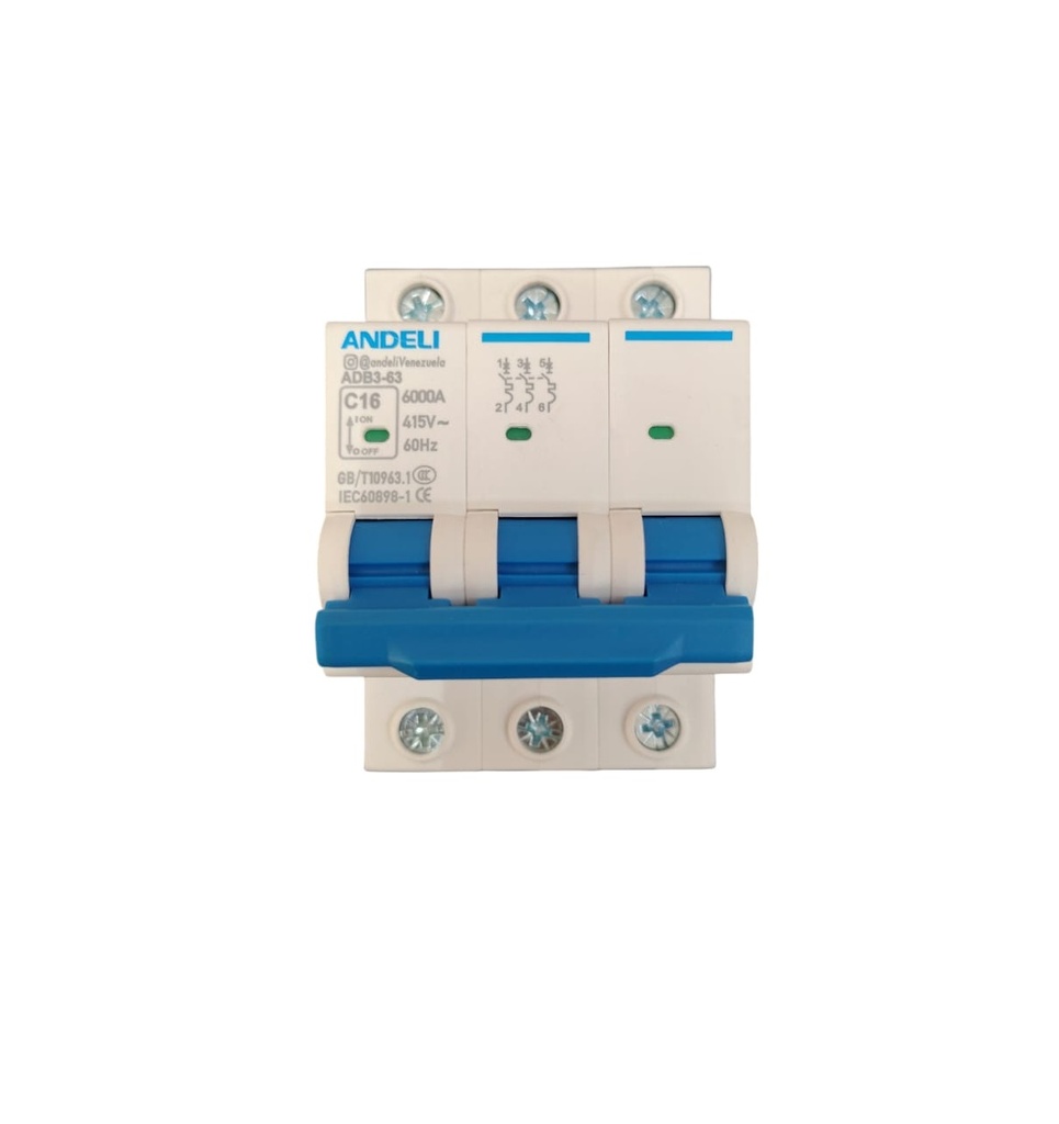 BREAKER TERMOMAGNETICO DE 3 X 16 AMP C CURVE MOD. ADB3-63-3P-16A REF. CON02553 MARCA ANDELI