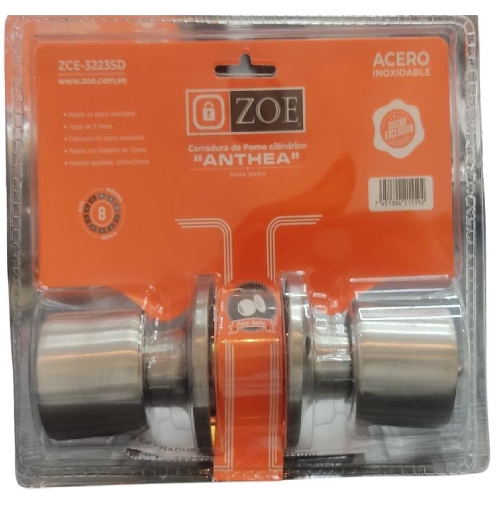 CERRADURA DE POMO / BOLA PARA BAÑO ACERO INOX. MOD. ANTHEA REF. ZCE-3223SD / CE0245 MARCA ZOE