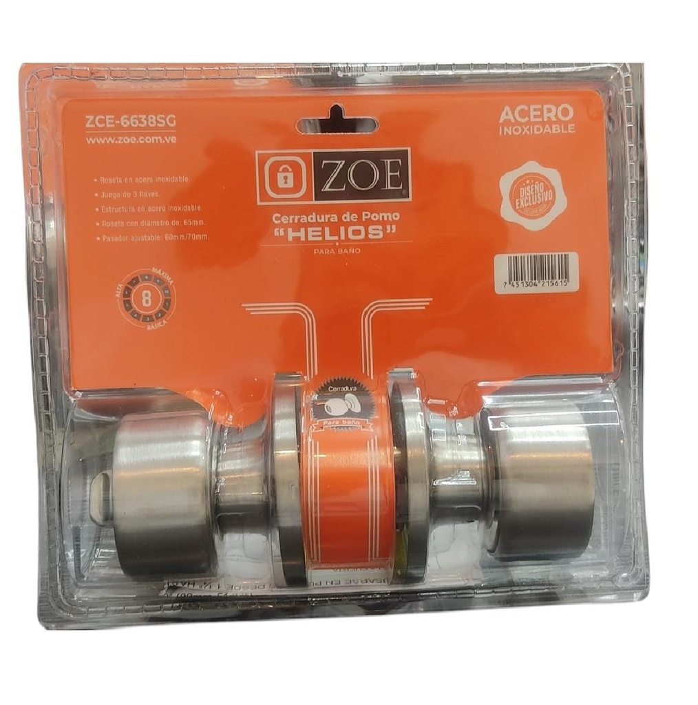 CERRADURA DE POMO / BOLA PARA BAÑO ACERO INOX. MOD. HELIOS REF. ZCE-6638SG / CE0247 MARCA ZOE