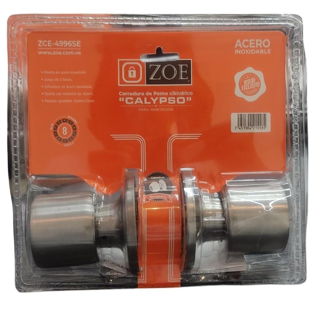 CERRADURA DE POMO / BOLA PARA DORMITORIO ACERO INOX. C/LLAVE MOD. CALYPSO REF. ZCE-4996SE MARCA ZOE