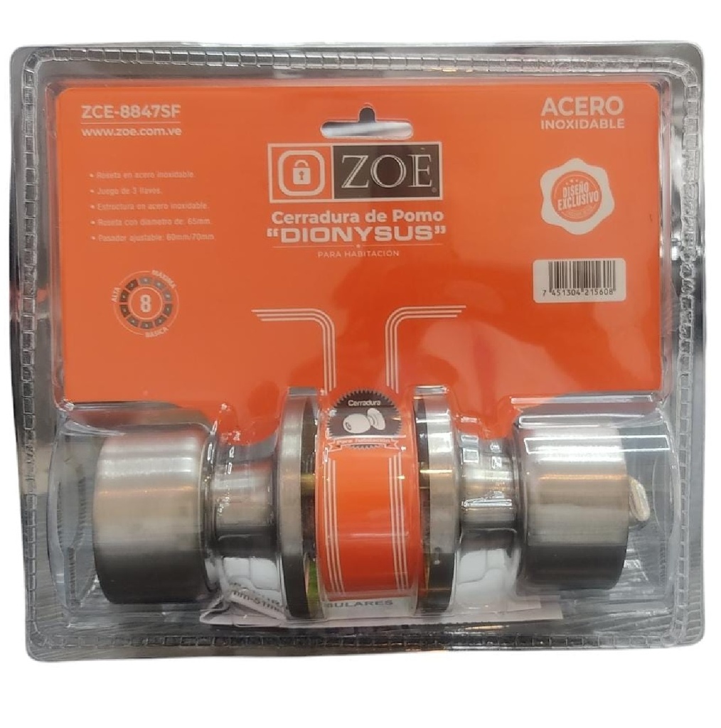 CERRADURA DE POMO / BOLA PARA DORMITORIO ACERO. INOX C/LLAVE MOD. DIONYSUS REF. ZCE-8847SF MARCA ZOE