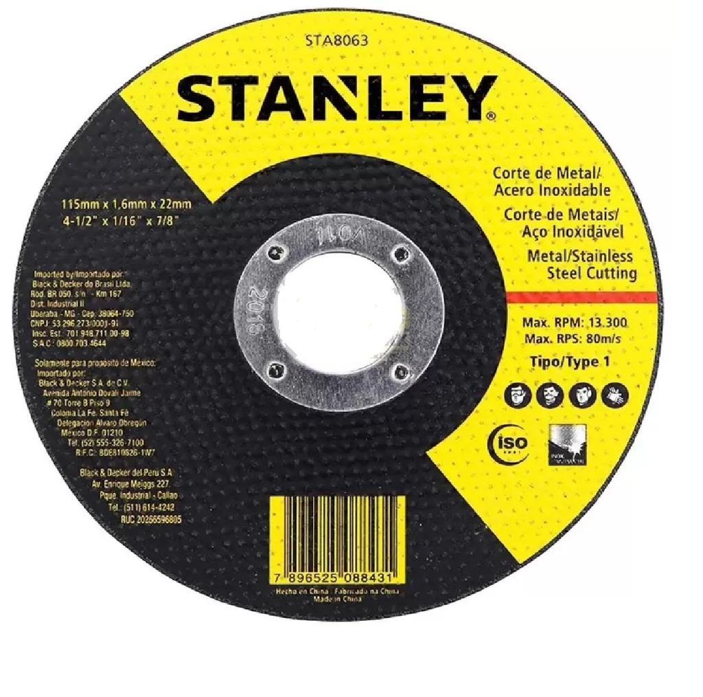 DISCO DE CORTE METAL 4 1/2" X 1/25" X 7/8" PLANO REF. STA8061 / DIS-725 MARCA STANLEY