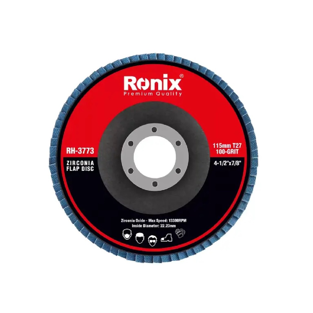 DISCO DE LIJA (FLAP DISC) DE 4 1/2" X 7/8" 13300 RPM GRANO 100 REF. RH-3773 / 513235 MARCA RONIX