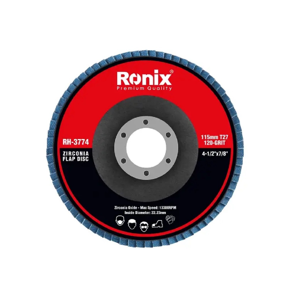 DISCO DE LIJA (FLAP DISC) DE 4 1/2" X 7/8" 13300 RPM GRANO 120 REF. RH-3774 / 513266 MARCA RONIX