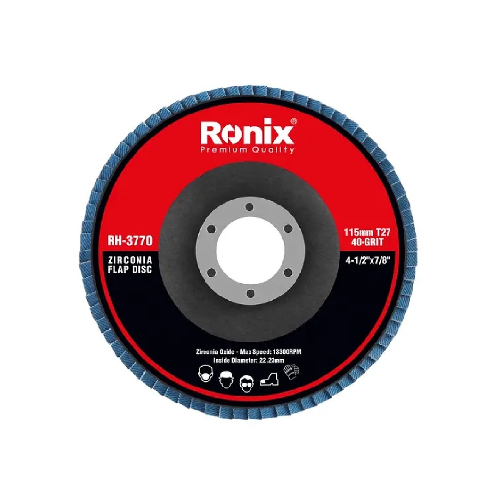 DISCO DE LIJA (FLAP DISC) DE 4 1/2" X 7/8" 13300 RPM GRANO 40 REF. RH-3770 / 513143 MARCA RONIX