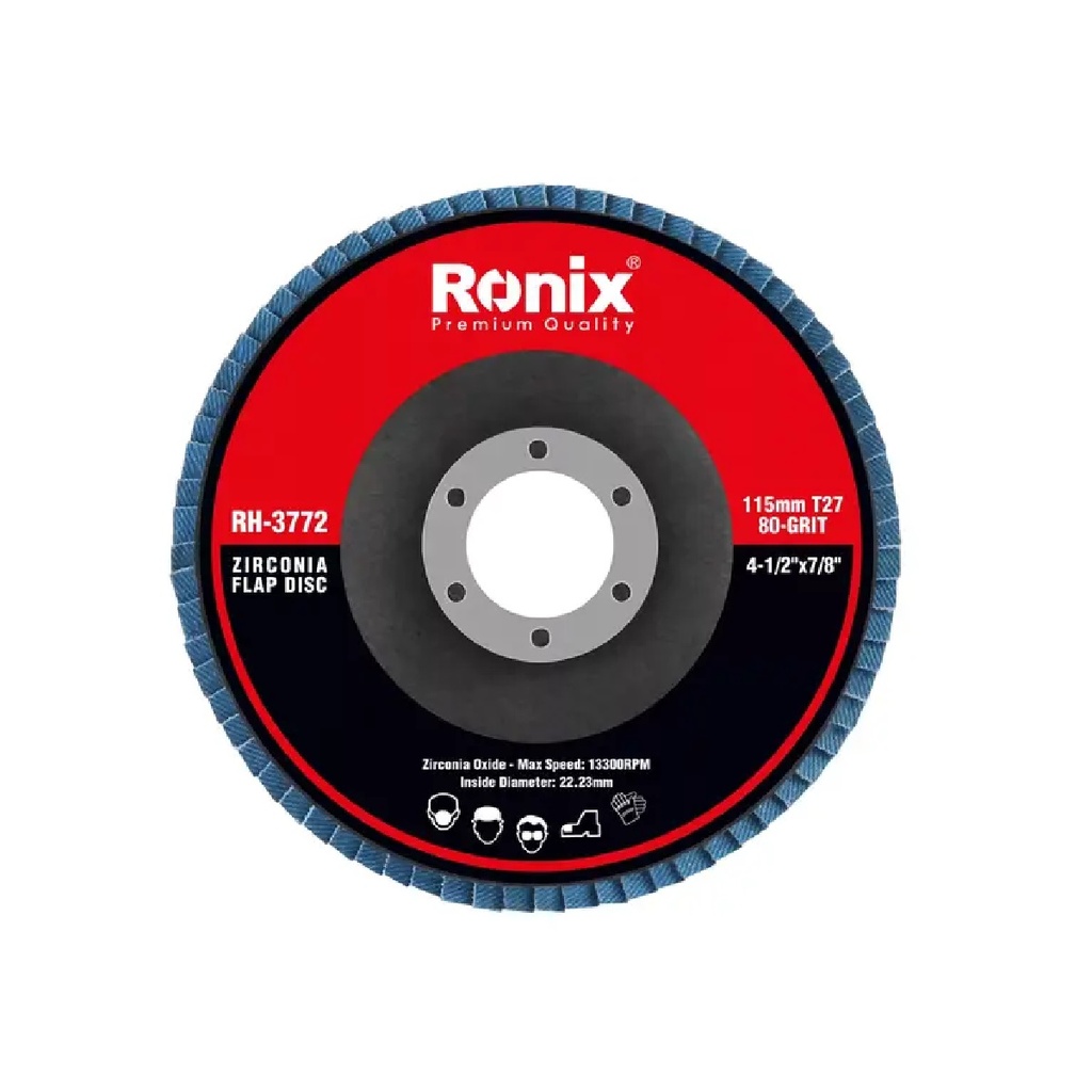 DISCO DE LIJA (FLAP DISC) DE 4 1/2" X 7/8" 13300 RPM GRANO 80 REF. RH-3772 / 513204 MARCA RONIX