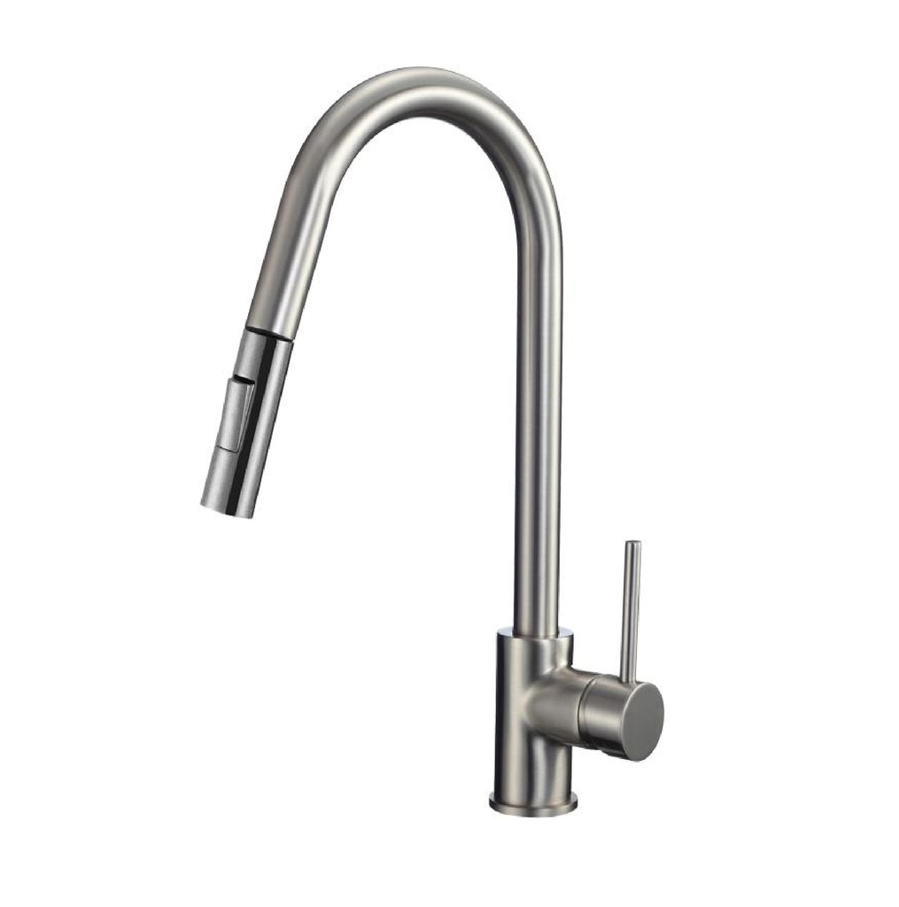 GRIFERIA MONOMANDO ALTO PARA FREGADERO SATINADA CON MANGUERA EXTENSIBLE REF. GRI-613 MARCA UNIQUE