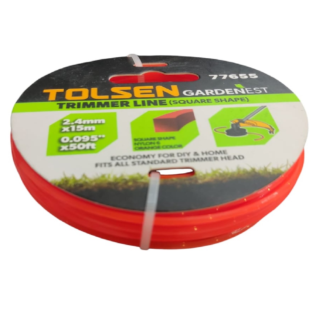 NYLON CUADRADO PARA PODADORA 2.4 MM X 15 MTS NARANJA REF. 77655 MARCA TOLSEN