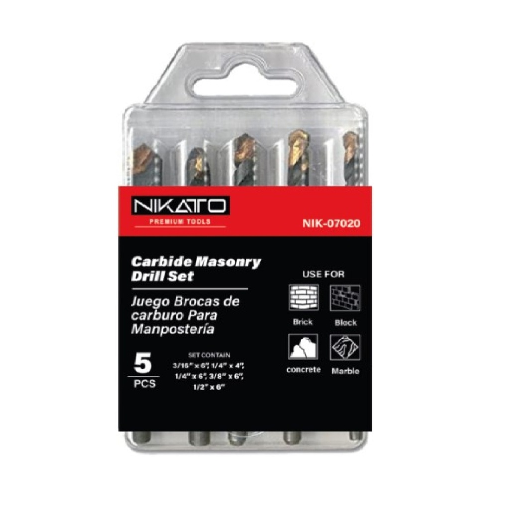JUEGO DE BROCAS CARBURO / TUNGSTENO 3/16" - 1/2" (05 PZAS) REF. NIK-07020 MARCA NIKATTO