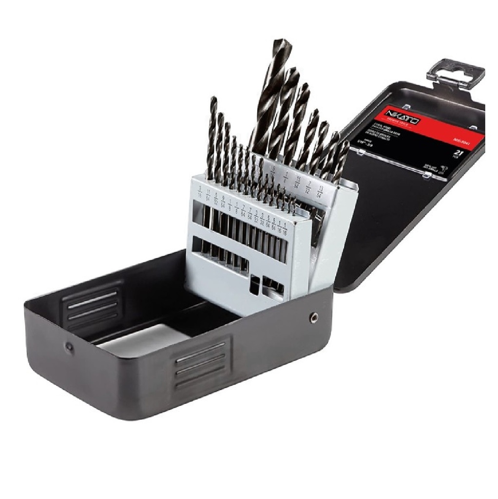 JUEGO DE BROCAS P/ ACERO - MADERA Y PLASTICO HSS 21 PZAS 1/16" - 3/8" REF. NIK-01002 MARCA NIKATTO