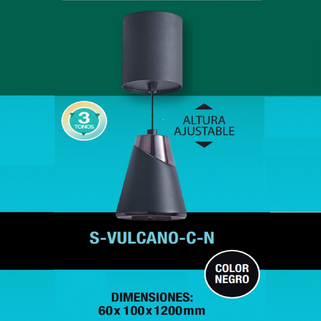 LAMPARA COLGANTE 12 W 1125 LM 3 TONOS 100-240 V 55° C/ SWITCH C/ NEGRO REF S-VULCANO-C-N LUCERNA