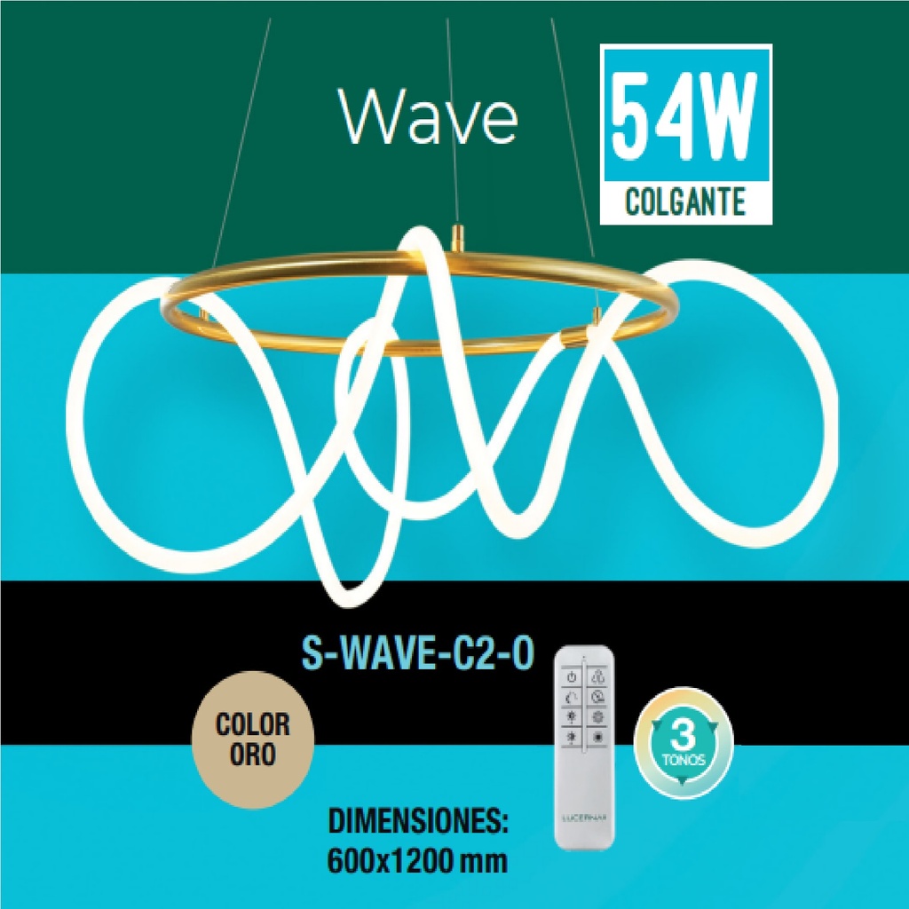 LAMPARA COLGANTE 2 WAVE STYLE 54W 3 TONOS 110-260V C/CONTROL C/ ORO REF S-WAVE-C2-O / 112747 LUCERNA