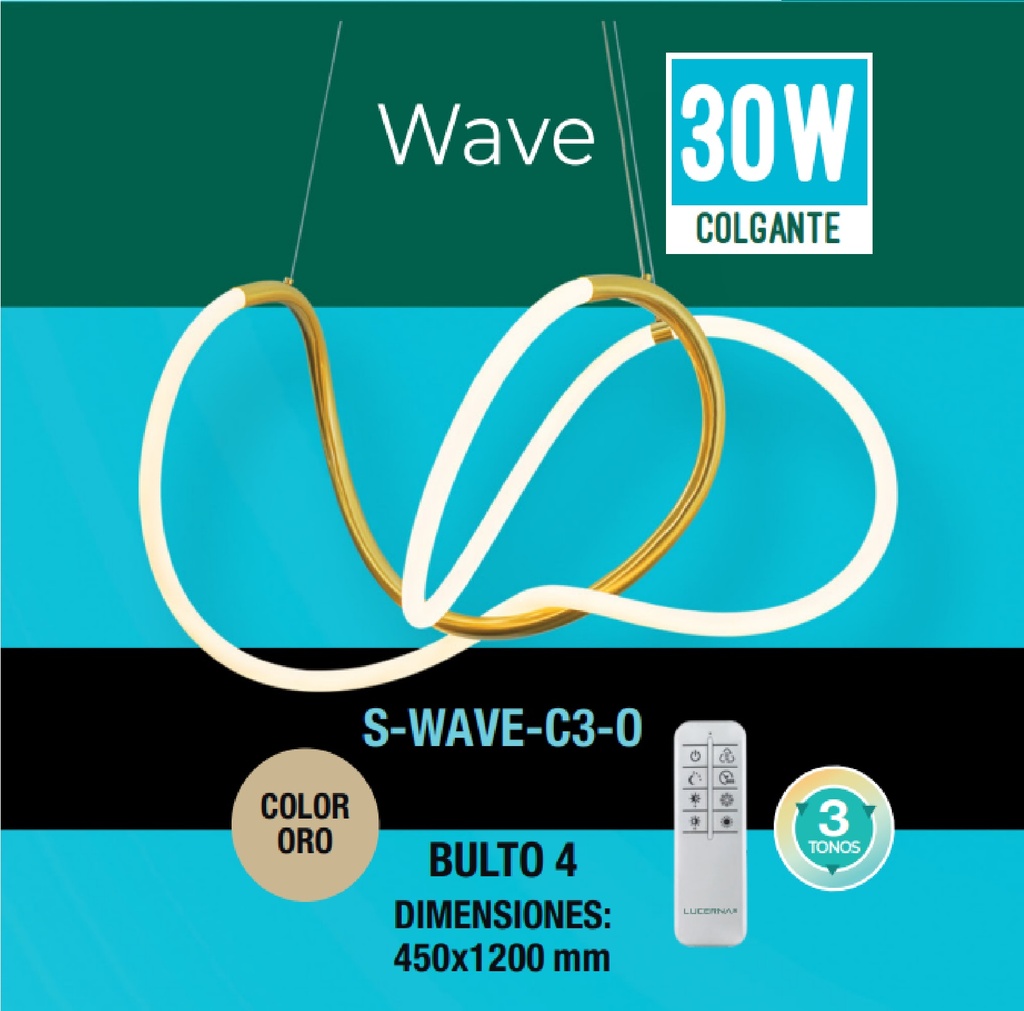 LAMPARA COLGANTE 3 WAVE STYLE 30W 3 TONOS 110-260V C/CONTROL C/ ORO REF S-WAVE-C3-O / 506842 LUCERNA