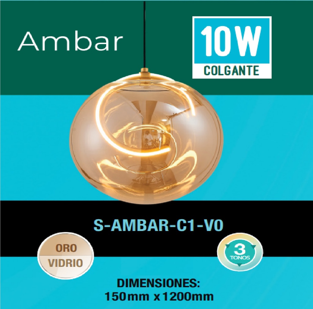 LAMPARA COLGANTE AMBAR 10 W 3 TONOS 110-260V CONTROL P/ INTERR. C/ ORO REF S-AMBAR-C1-VO LUCERNA