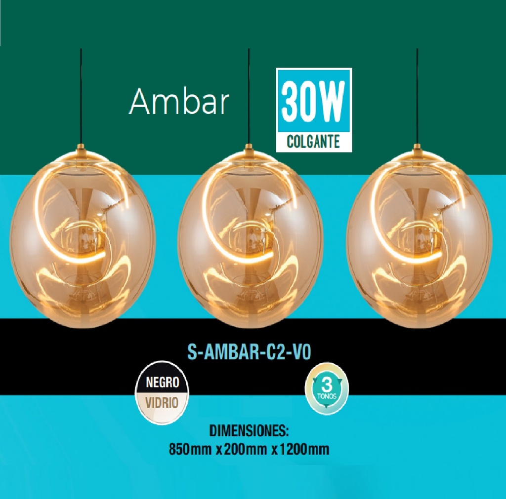 LAMPARA COLGANTE AMBAR 30W 3 TONOS 110-260V CONTROL P/ INTER. C/ORO-VIDRIO REF S-AMBAR-C2-V0 LUCERNA