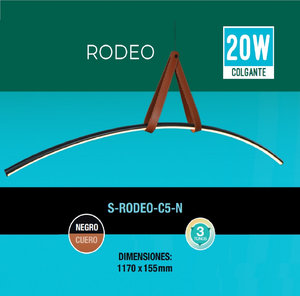 LAMPARA COLGANTE ARCO RODEO 20W 3 TONOS 110-260V C/ CONTROL C/ NEGRO-CUERO REF. S-RODEO-C5-N LUCERNA