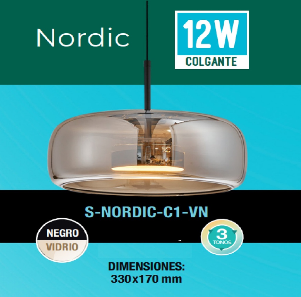 LAMPARA COLGANTE NORDIC 12W 3 TONOS 110-260V C/ INTERRUP. C/ NEGRO-VIDRIO REF S-NORDIC-C1-VN LUCERNA
