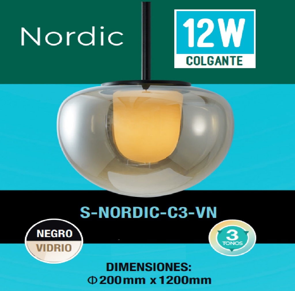 LAMPARA COLGANTE NORDIC 12W 3 TONOS 110-260V C/ INTERRUP. C/ NEGRO-VIDRIO REF S-NORDIC-C2-VN LUCERNA