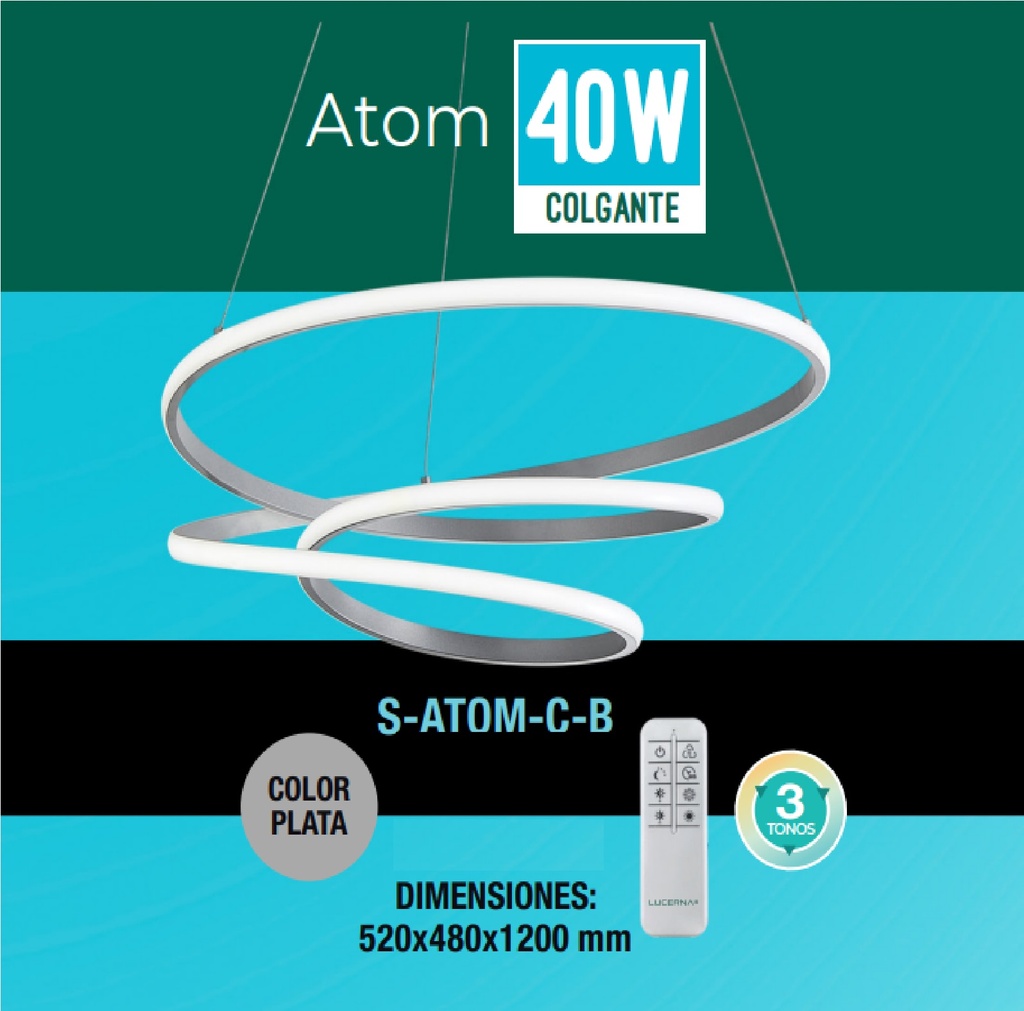 LAMPARA COLGANTE PACIFIC 40 W 3 TONOS 110-260V C/ CONTROL C/ PLATA REF S-ATOM-C-B / 112754 LUCERNA