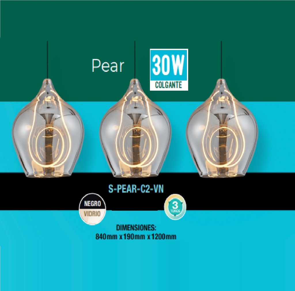 LAMPARA COLGANTE PEAR 30 W 3 TONOS 84X19X120 CM C/ SWITCH C/ NEGRO - VIDRIO REF S-PEAR-C2-VN LUCERNA