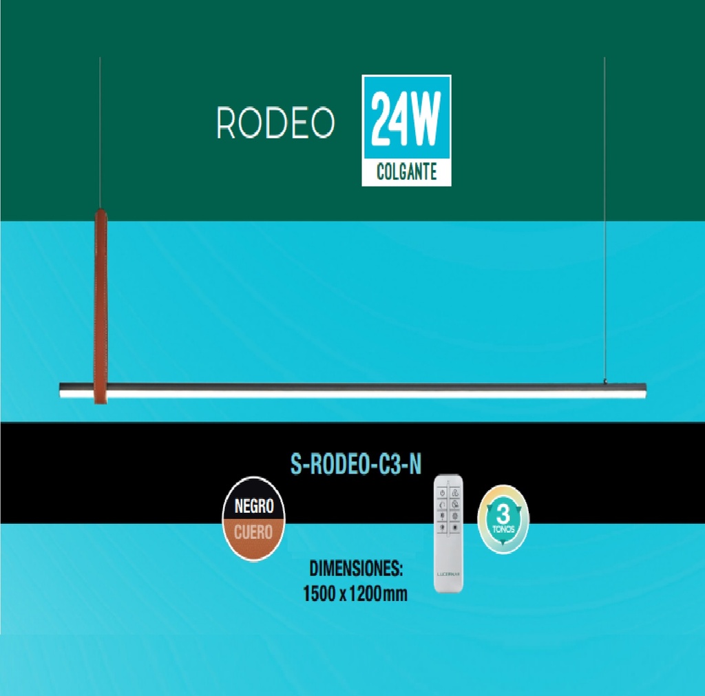 LAMPARA COLGANTE RODEO 24W 3 TONOS 110-260V C/CONTROL C/NEGRO-CUERO REF S-RODEO-C3-N/ 503308 LUCERNA