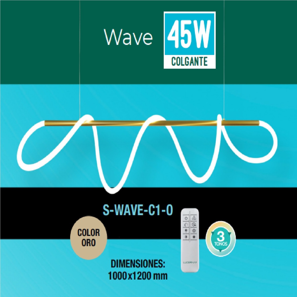 LAMPARA COLGANTE WAVE STYLE 45W 3 TONOS 110-260V C/ CONTROL C/ORO REF S-WAVE-C1-O / S-04C1-O LUCERNA