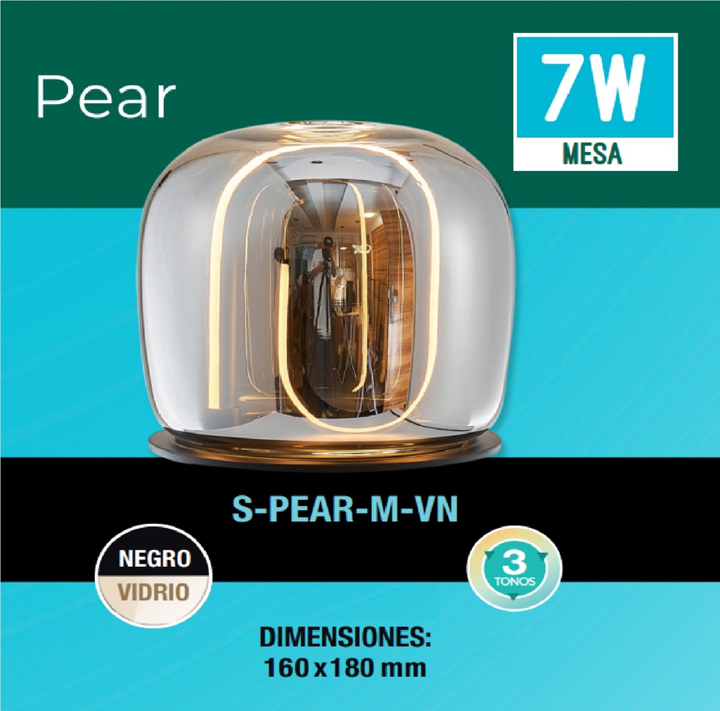 LAMPARA DE MESA 7 W 3 TONOS 3CCT 110-260 V C/ INTERR. NEGRO-VIDRIO REF. S-PEAR-M-VN / 503407 LUCERNA