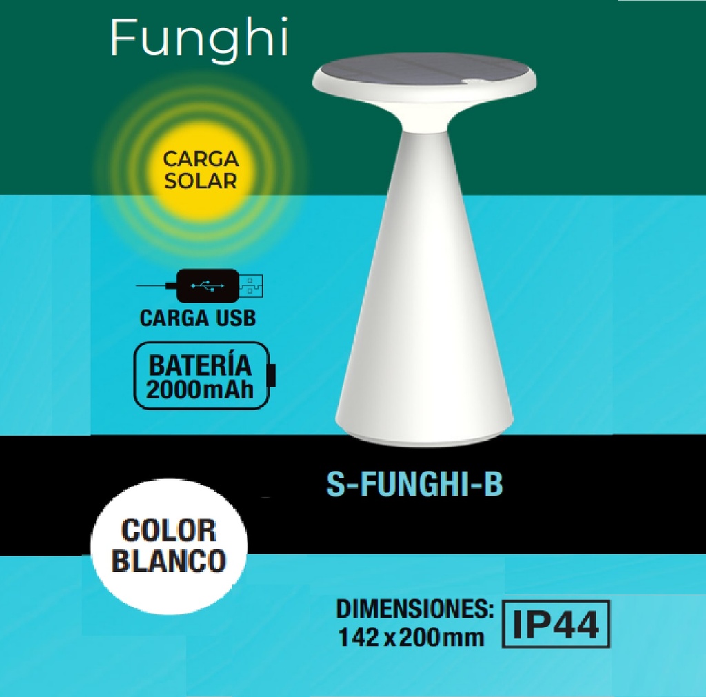 LAMPARA MESA P/EXTERIOR FUNGHI 2000 MAH C/PANEL SOLAR+PUERTO USB IP44 C/BLANCO REF FUNGHI-B LUCERNA
