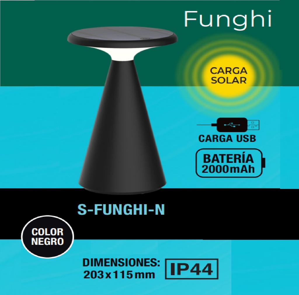 LAMPARA MESA P/EXTERIOR FUNGHI 2000 MAH C/PANEL SOLAR+PUERTO USB IP44 C/NEGRO REF. FUNGHI-N LUCERNA